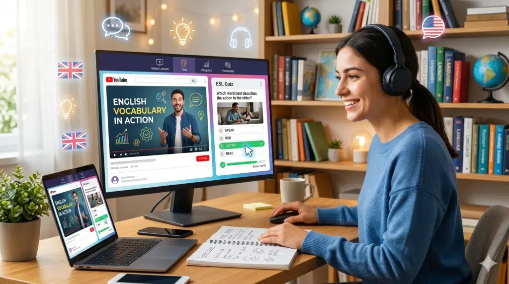 A smiling young woman with headphones is actively engaged in an online English language course at her home desk. She is using a desktop monitor showing a YouTube video on English vocabulary side-by-side with an interactive ESL quiz, while also having a laptop display related content, illustrating dynamic multi-device learning.