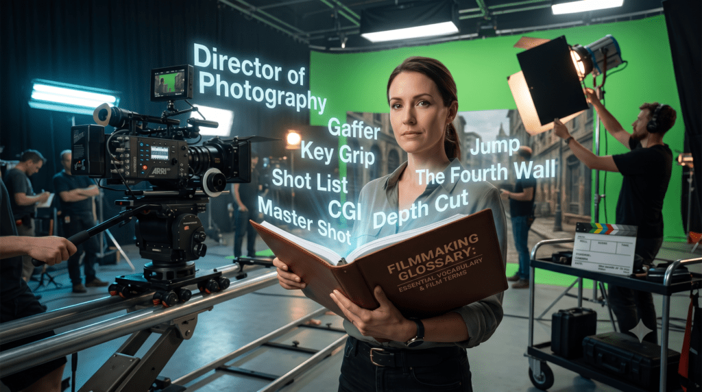 A woman on a professional film set holding a book titled Filmmaking Glossary with glowing technical movie terms floating around it.