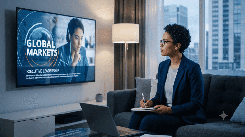 Ambitious professional woman using documentaries to learn English for corporate success.