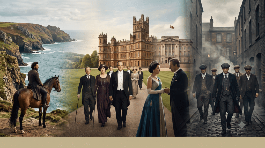 Panoramic collage showing characters from Poldark on a coastal cliff, Downton Abbey aristocrats in formal wear, and Peaky Blinders gang members in a Birmingham street, illustrating different British accents and history for English learners.